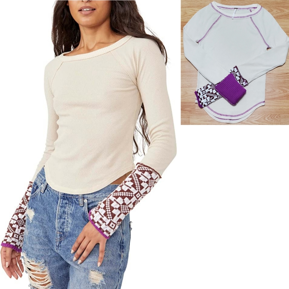 Free People Cream Thermal Top with Purple & Brown Patterned Cuffs